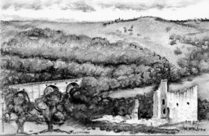 Charcoal drawing of Edlingham Castle,  July 2, 2015.