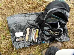 Sometimes I set my stuff out on the ground, this is charcoal drawing supplies.