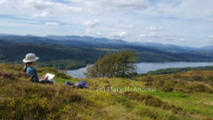 Settling down to do a watercolor of the view at Lake Derwentwater.