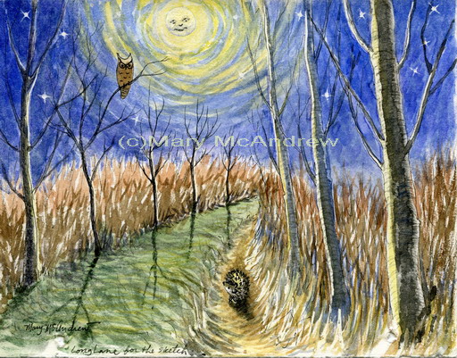 Hedgehog and Owl in moonlight